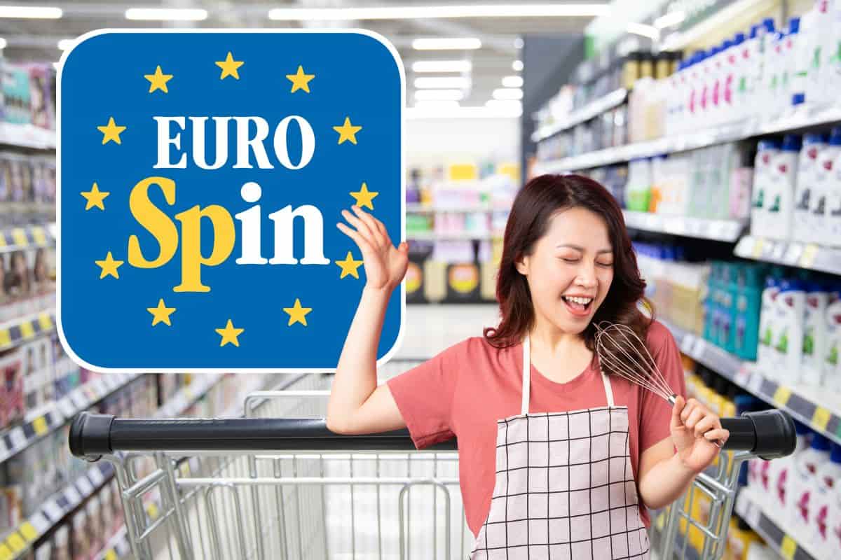 Logo eursopin, con supermercato sullo sfondo e casalinga felice